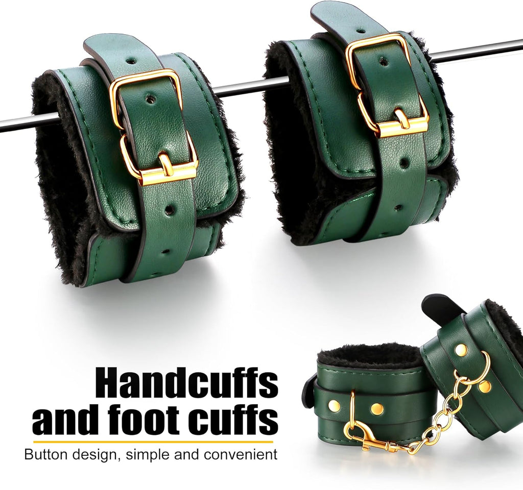 BDSM adult sex toys, a 12-piece BDSM bondage set, including adjustable handcuffs, collar, ankle cuffs, blindfold, and feather tickler.